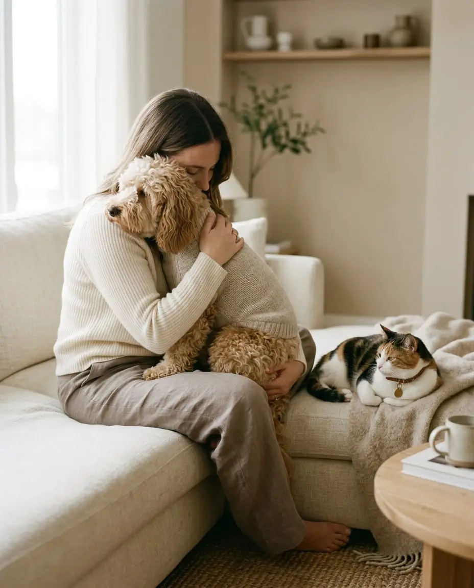 A pet parent embracing her doodle on a linen sofa with a cat nearby