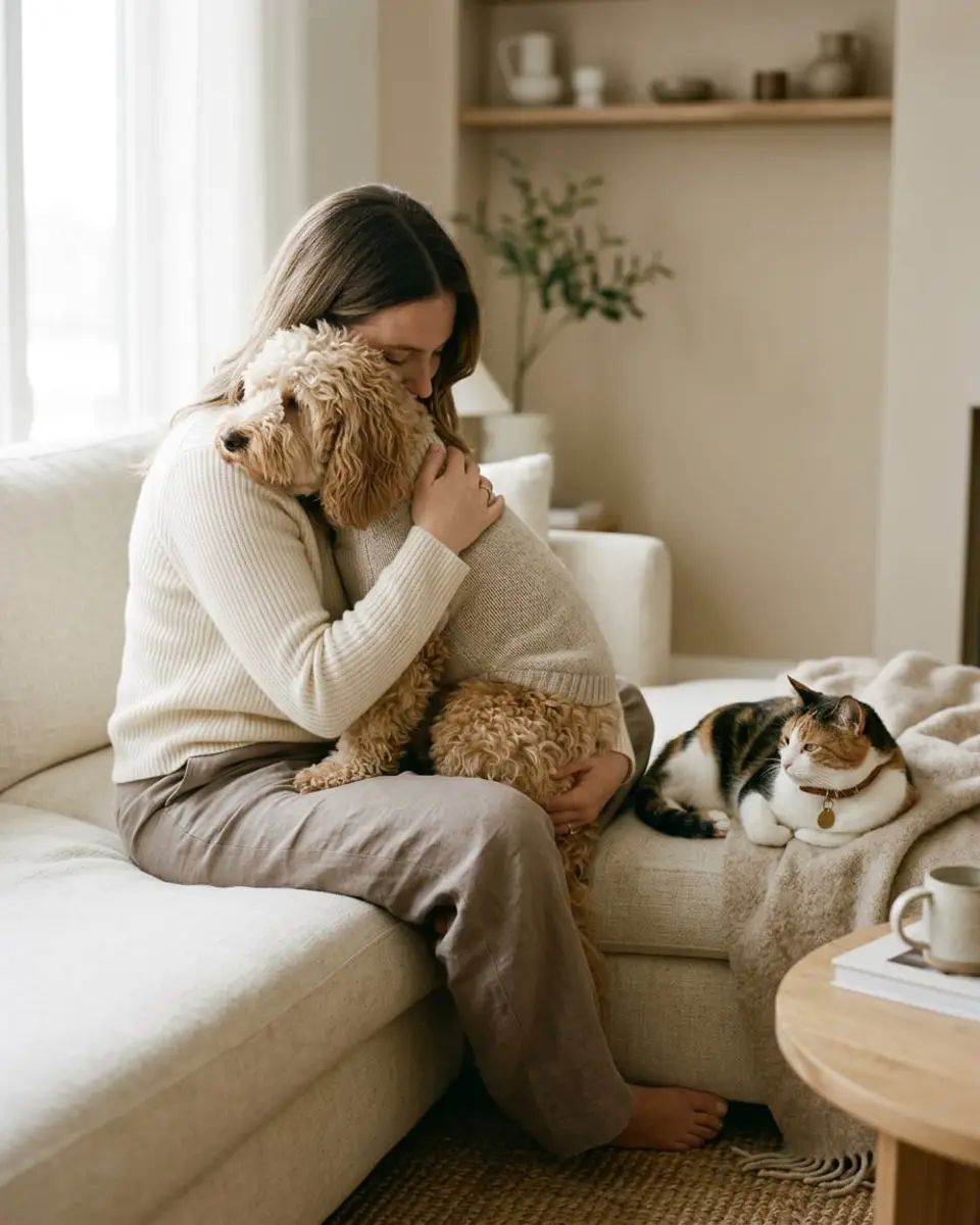 A pet parent hugging her doodle on a linen sofa while a cat lounges nearby