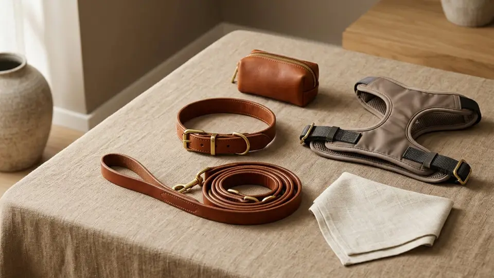 A leather collar, matching leash and folded cotton bandana arranged on a wooden surface