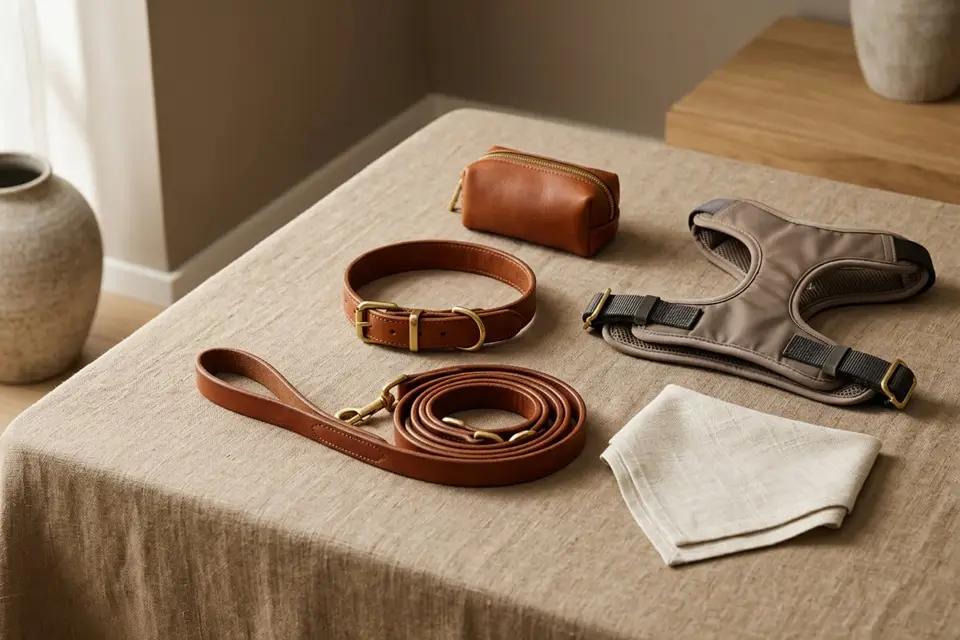 A leather collar, matching leash and folded cotton bandana arranged on a wooden surface