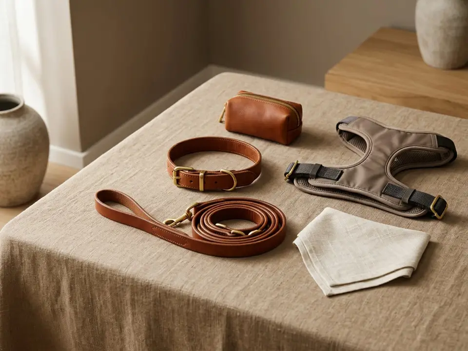Cognac leather collar and leash, taupe harness, linen bandana and walking pouch on beige linen