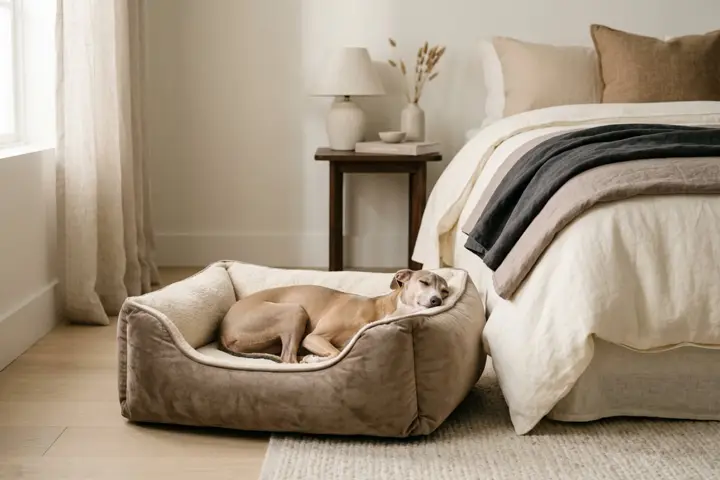 A breathable linen-look dog bed with raised edges placed near an open window with soft daylight
