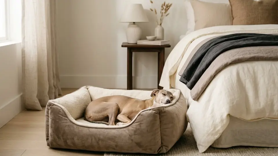 A breathable linen-look dog bed with raised edges placed near an open window with soft daylight