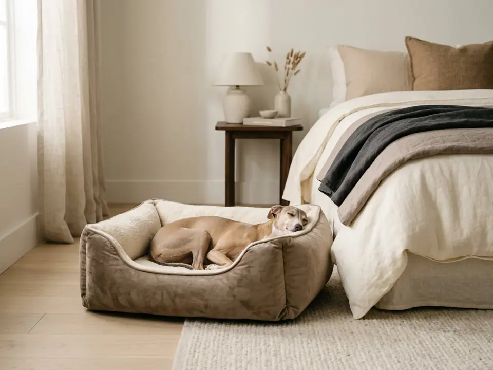 Italian greyhound asleep in a taupe JACKY & COCO bolster bed in a serene bedroom