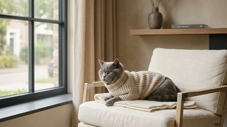 A relaxed cat wearing a soft, lightweight knit top while resting on a cushion