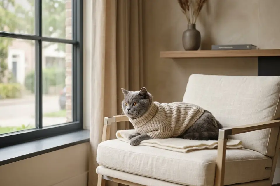 A relaxed cat wearing a soft, lightweight knit top while resting on a cushion