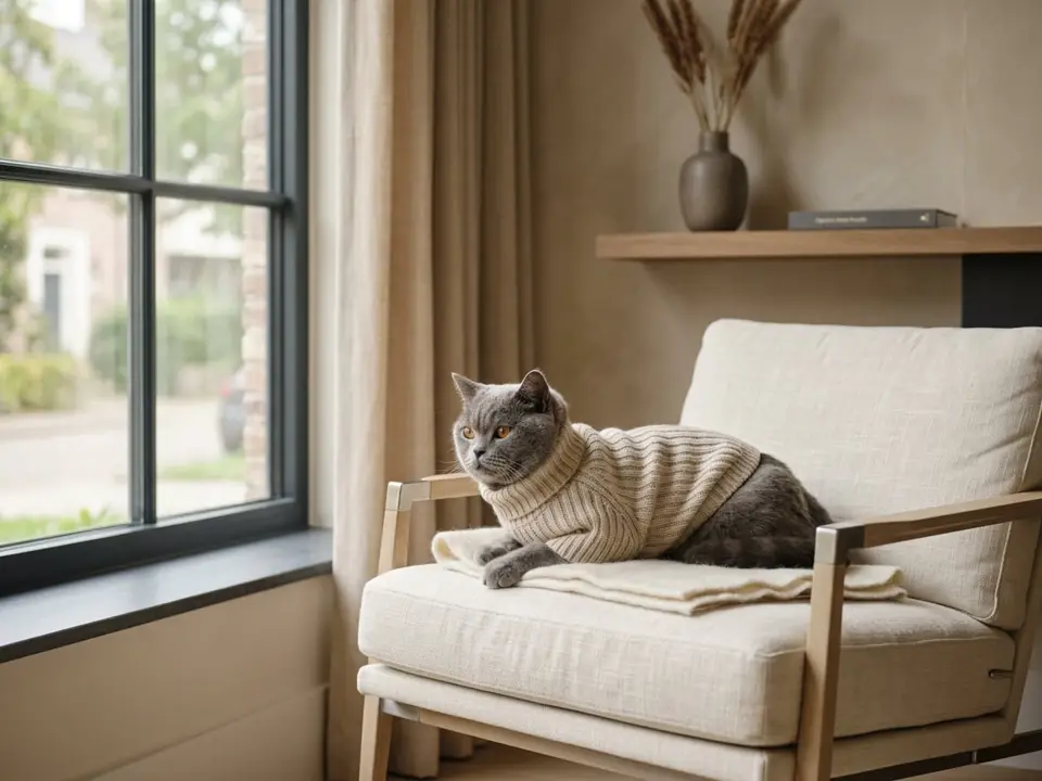 British shorthair cat in a soft oatmeal knit sweater lounging on a linen armchair