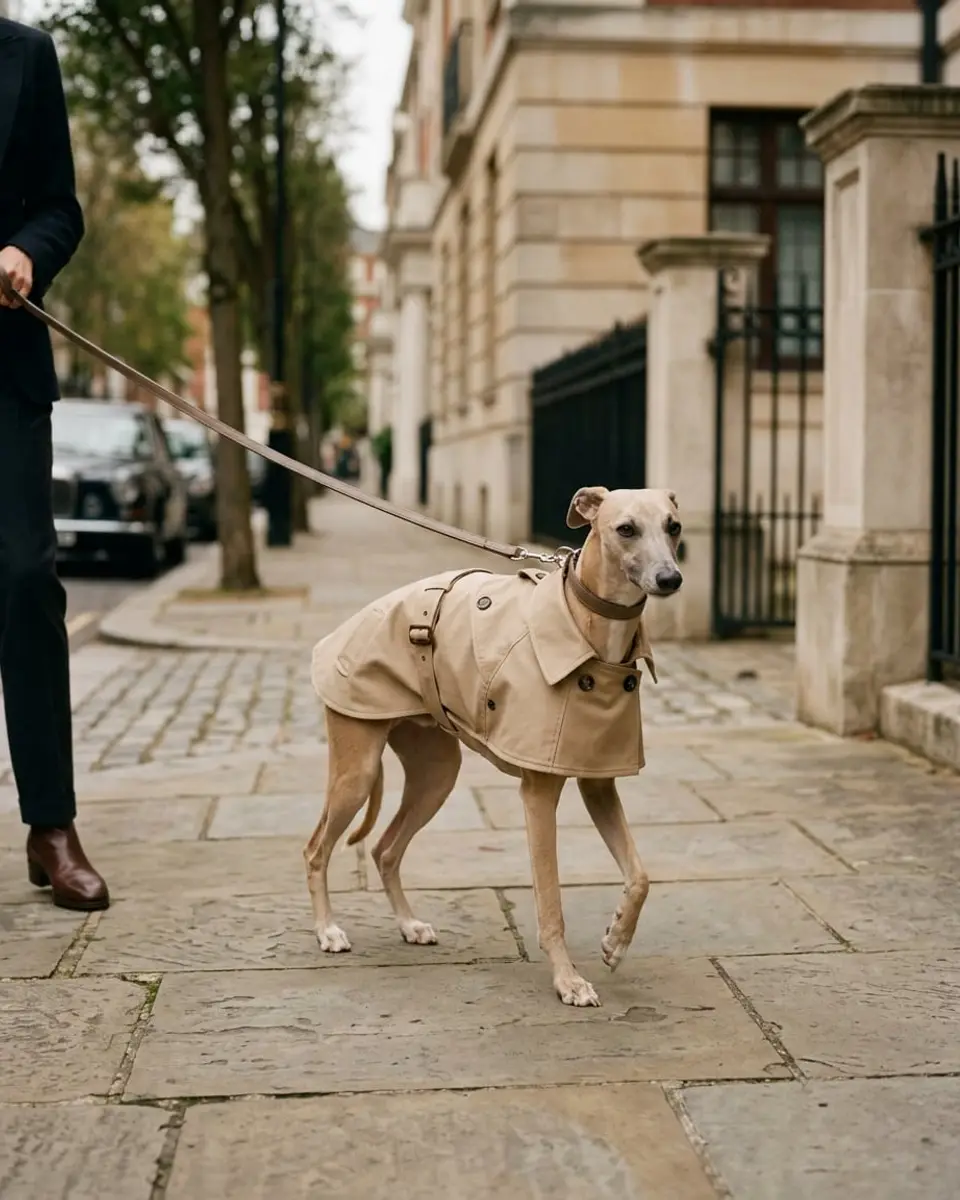 Whippet wearing a tailored beige trench coat on a city sidewalk