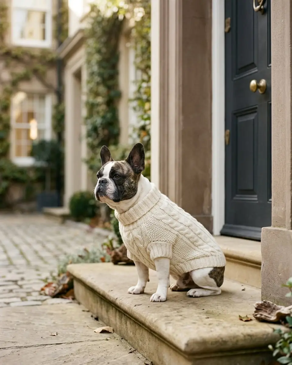 French bulldog wearing a cream cable-knit sweater outside a townhouse