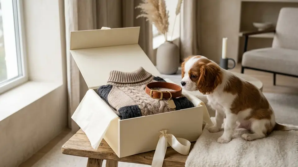 A neatly wrapped gift box with a ribbon beside a folded dog sweater and leather collar