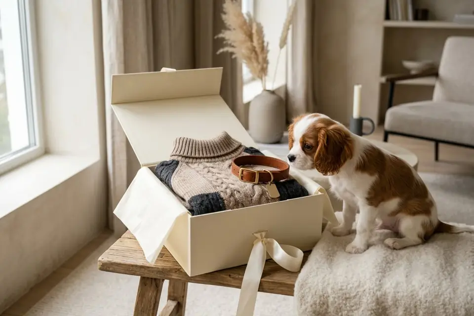 A neatly wrapped gift box with a ribbon beside a folded dog sweater and leather collar