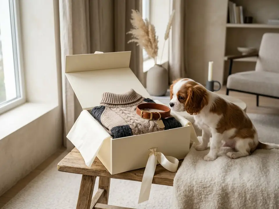 Spaniel peeking into a cream gift box holding a knit sweater and leather collar