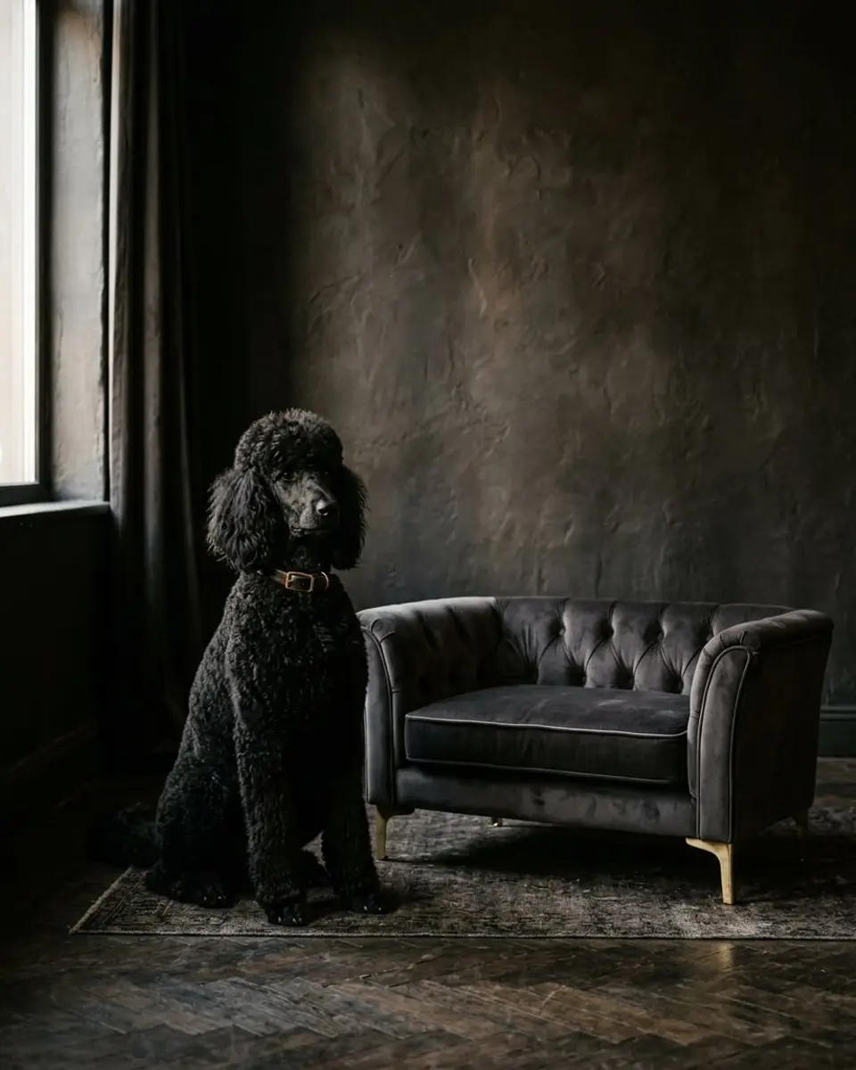 Black standard poodle beside the charcoal velvet Atelier sofa bed in a moody, dark interior