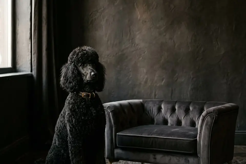 An elegant bolstered dog bed in a soft textured fabric styled in a refined living space