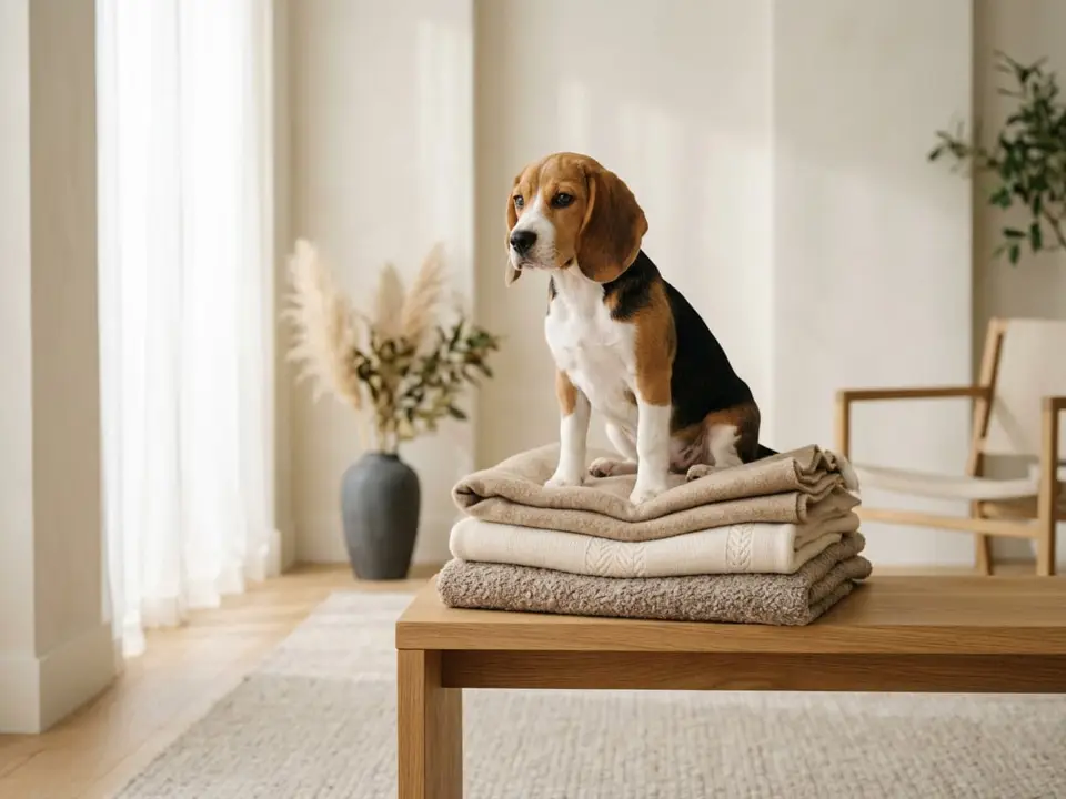 Beagle puppy sitting on folded dog blankets and sweaters on an oak bench