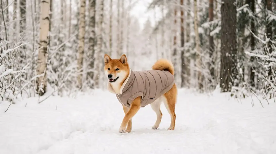 Shiba Inu wearing a taupe quilted puffer coat on a snowy forest path