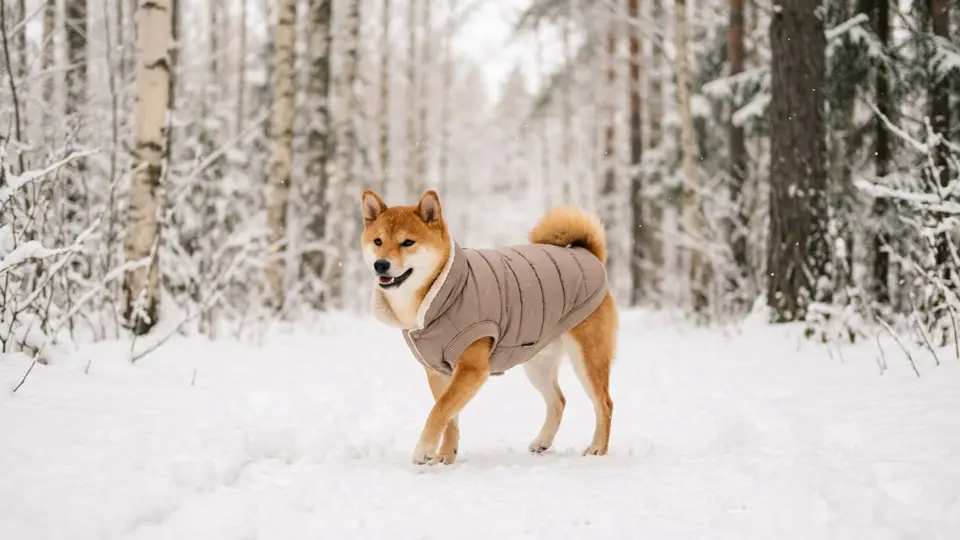 A dog in a warm knitted sweater resting on a thick blanket beside a sunny window in winter