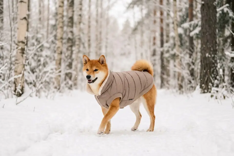 A dog in a warm knitted sweater resting on a thick blanket beside a sunny window in winter
