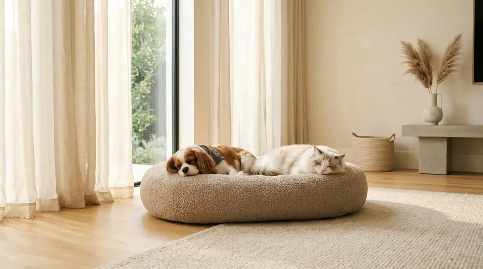 A dog and a cat resting together on a large beige bouclé pet bed in a sunlit room