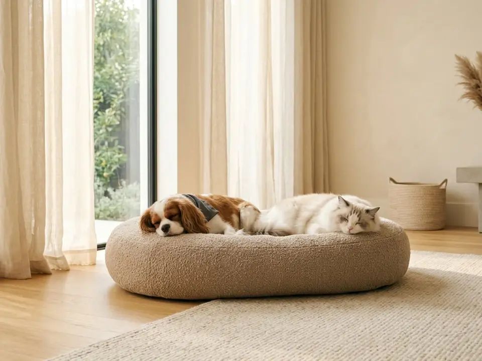 A dog and a cat sharing a large beige bouclé bed