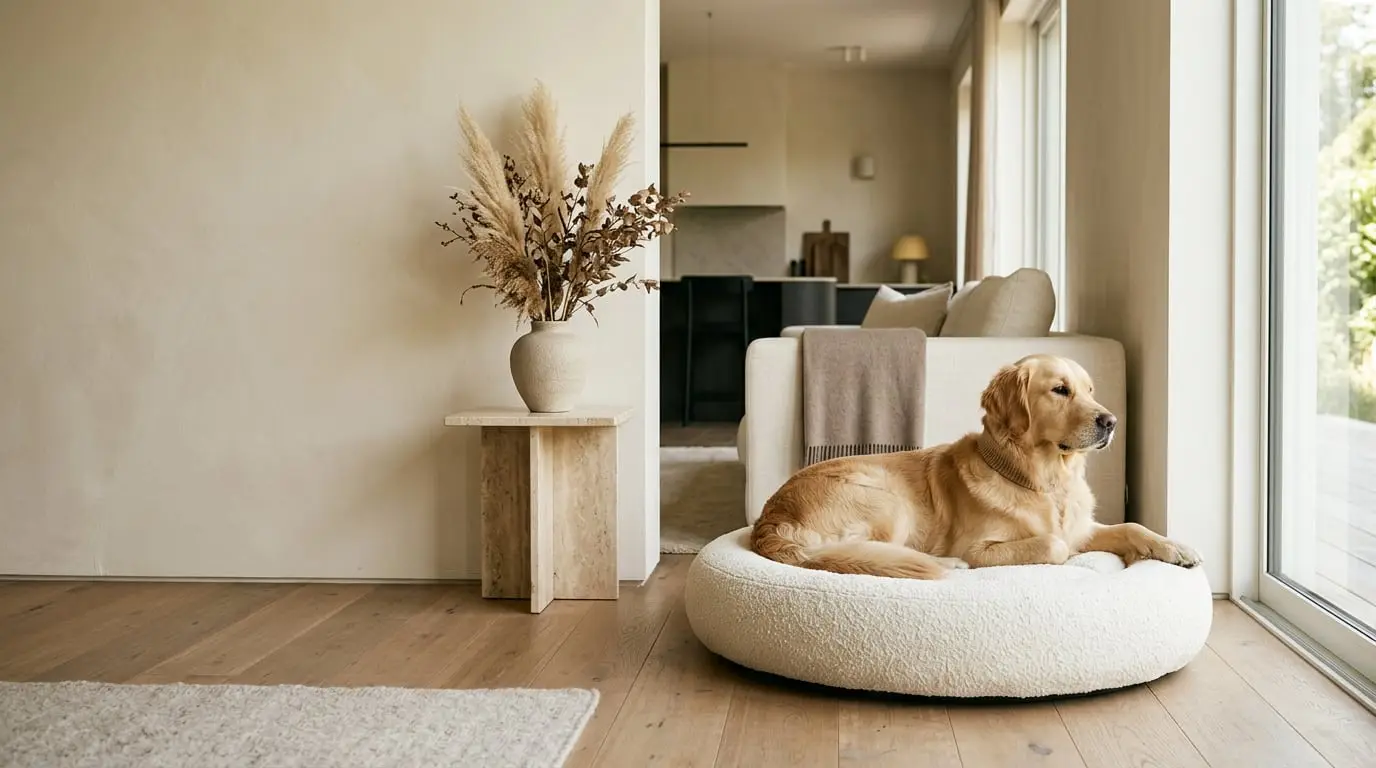 A golden retriever resting on an ivory bouclé JACKY & COCO dog bed in a sunlit, minimal living room