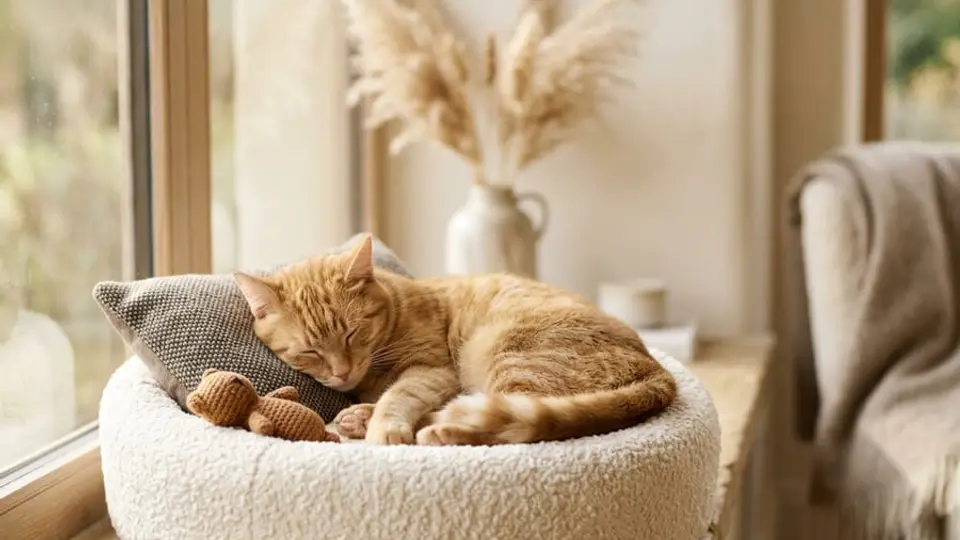 A cat resting contentedly on a soft round bed beside a wrapped gift