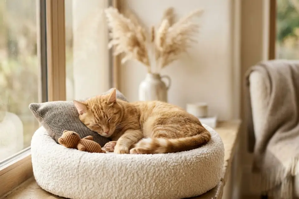 A cat resting contentedly on a soft round bed beside a wrapped gift