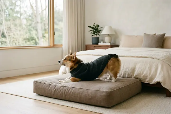 A dog curled up asleep on a soft, round neutral-toned dog bed in a bright living room