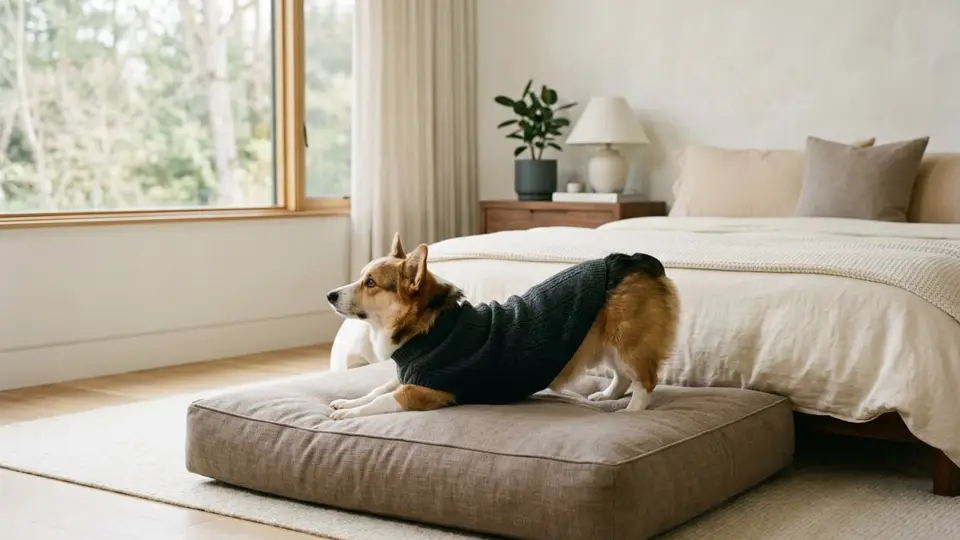 A dog curled up asleep on a soft, round neutral-toned dog bed in a bright living room