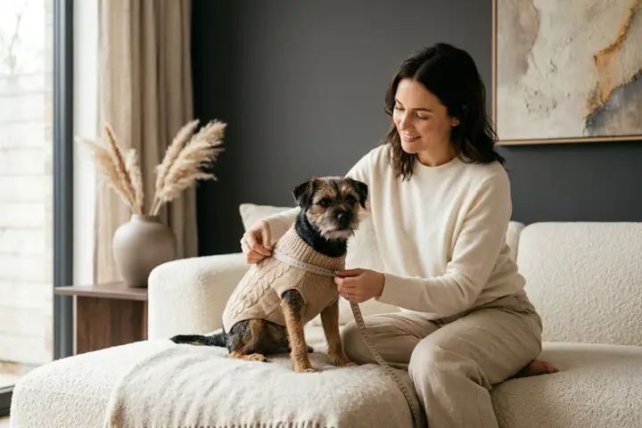 A soft measuring tape placed around the chest of a calm small dog standing on a rug