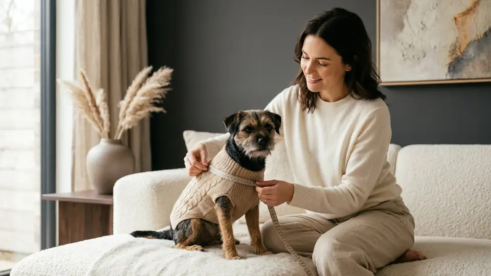 A soft measuring tape placed around the chest of a calm small dog standing on a rug