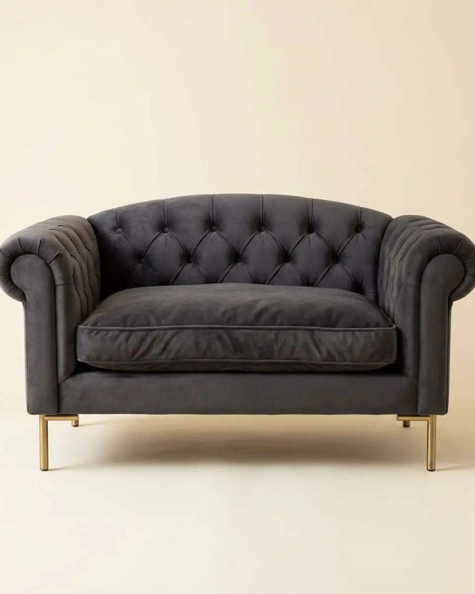 The Atelier Velvet Sofa Bed in charcoal velvet with brass legs