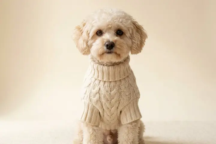 A cream cable-knit dog sweater laid flat beside a measuring tape