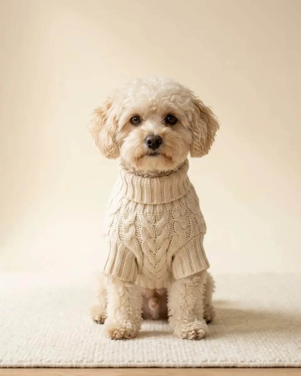 Maltipoo wearing The Heritage Cable-Knit Sweater in cream