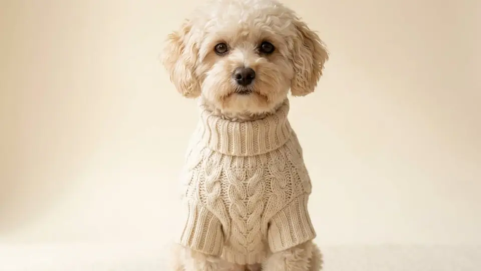 A cream cable-knit dog sweater laid flat beside a measuring tape