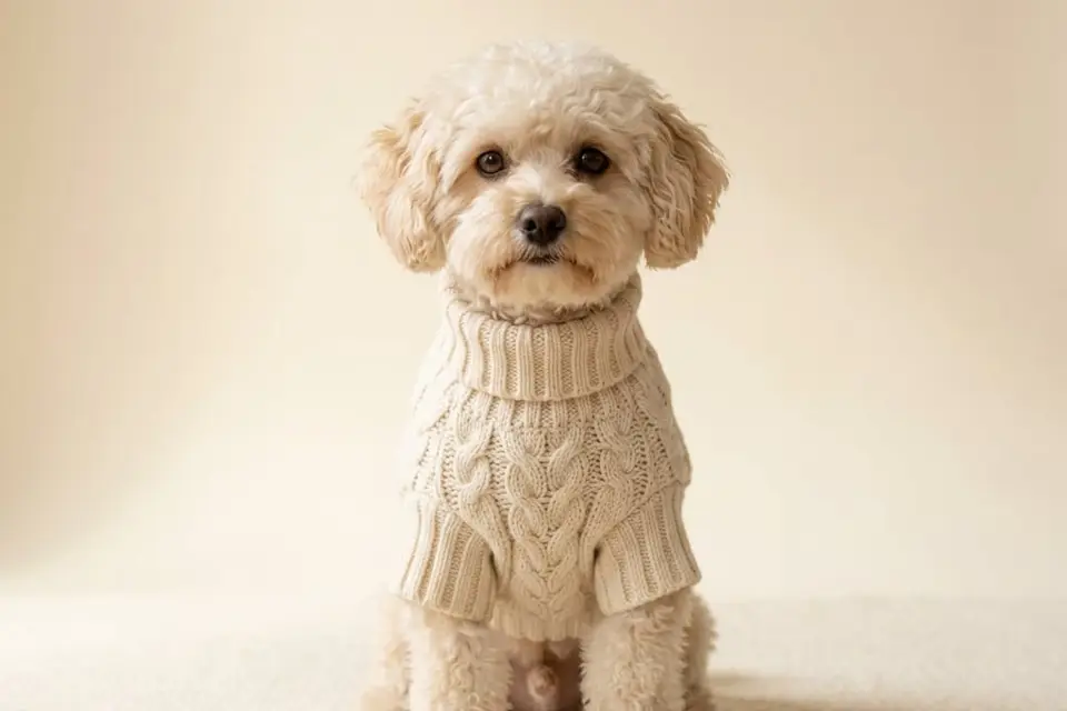 A cream cable-knit dog sweater laid flat beside a measuring tape