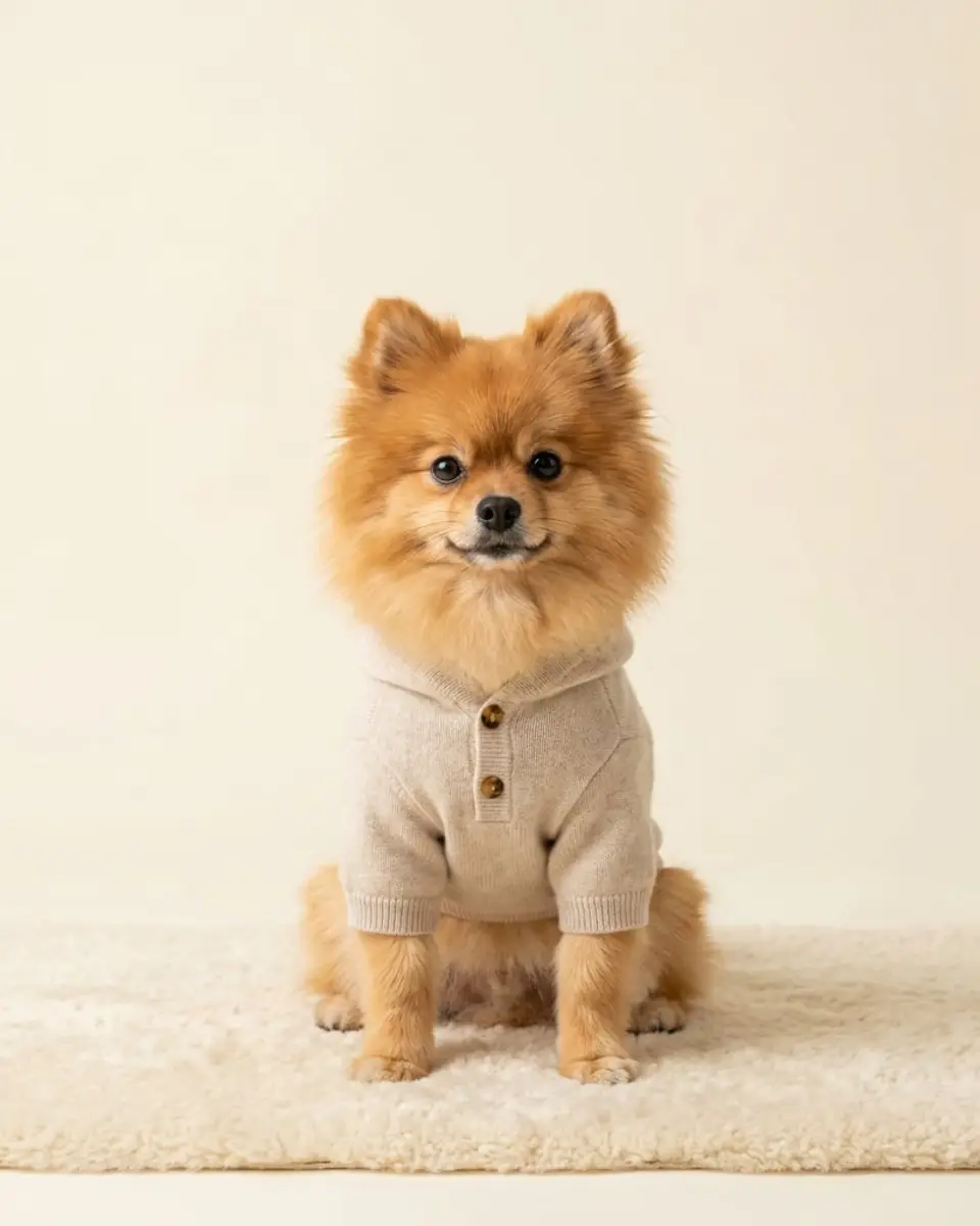 Pomeranian wearing The Cashmere-Blend Hoodie in oatmeal