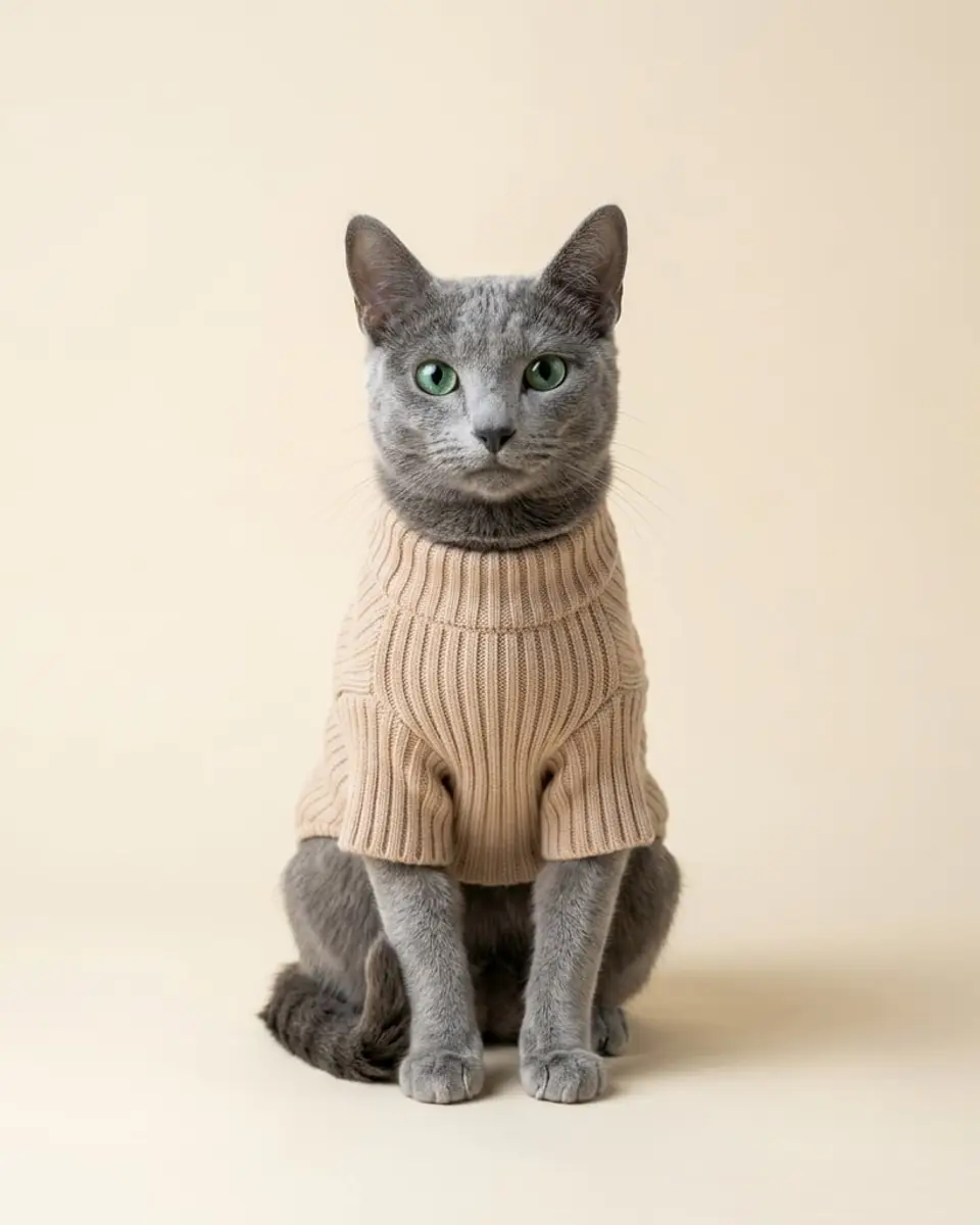 Russian blue cat wearing The Ribbed Cat Sweater in beige