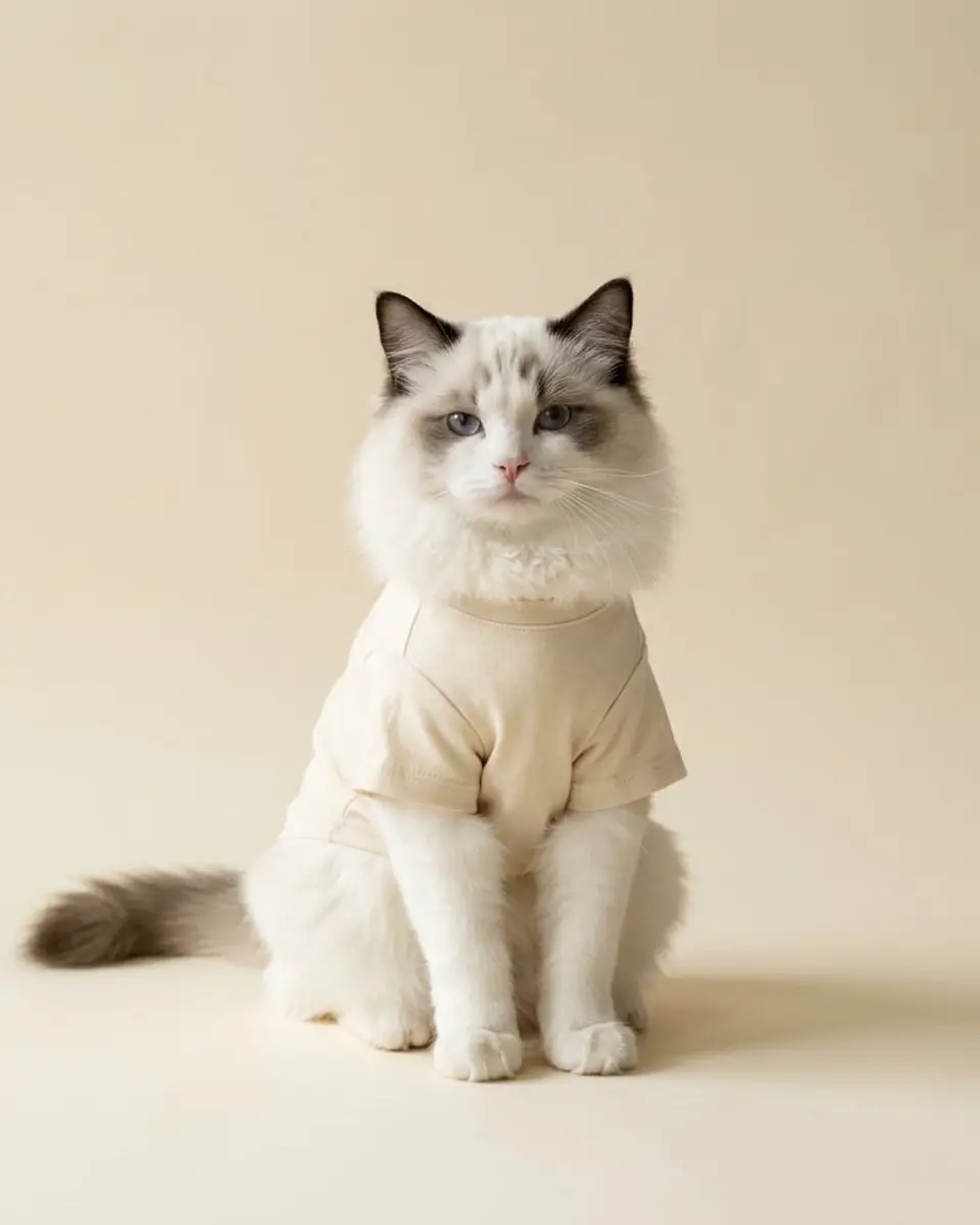 Ragdoll cat wearing The Organic Cotton Cat Tee in cream