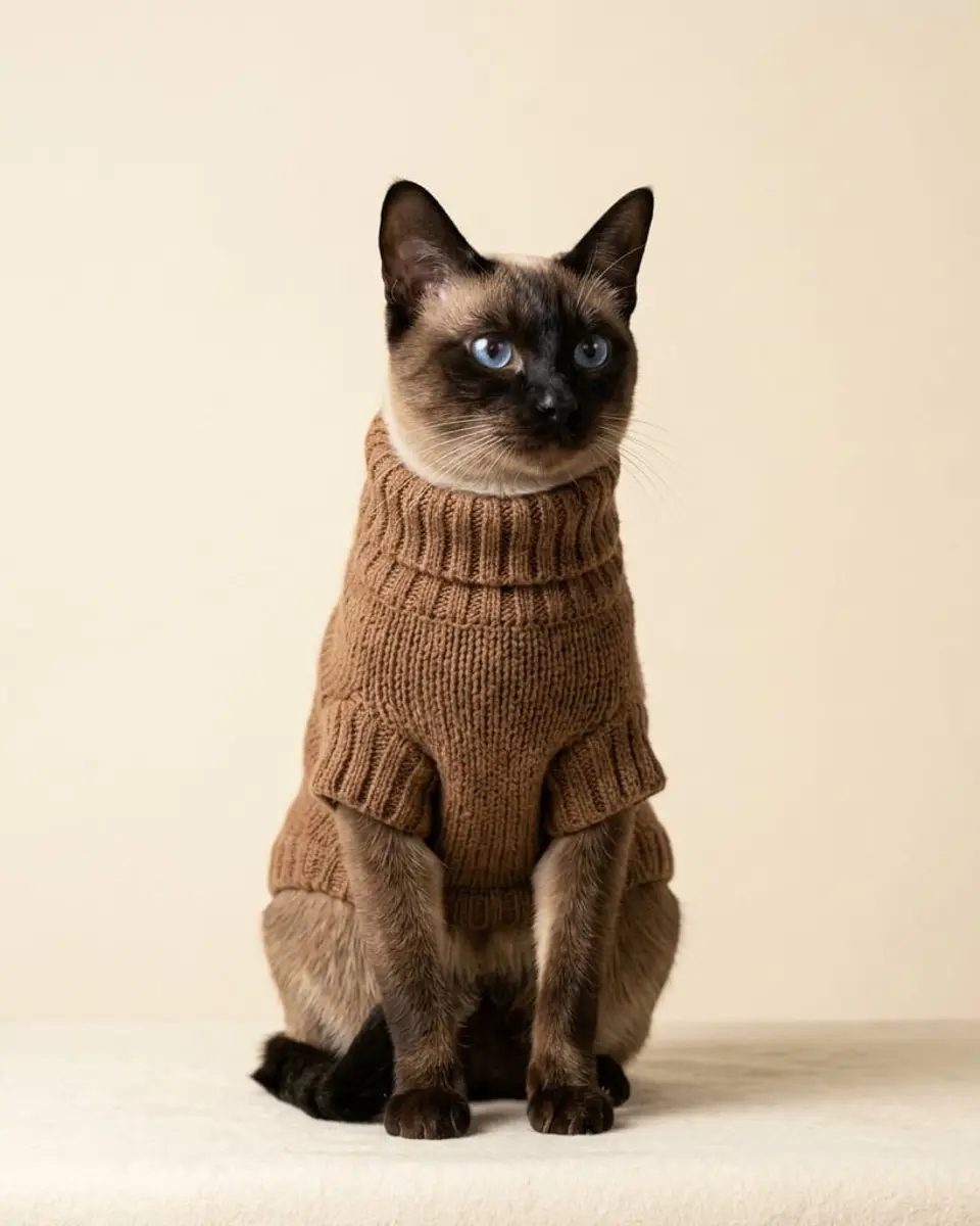 Siamese cat wearing The Merino Cat Turtleneck in cocoa