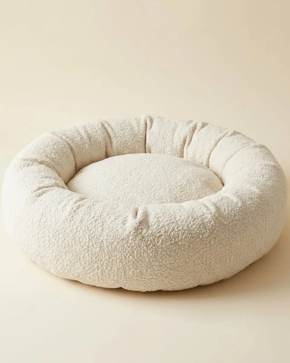 The Cloud Bouclé Bed — round ivory bouclé dog bed with raised rim