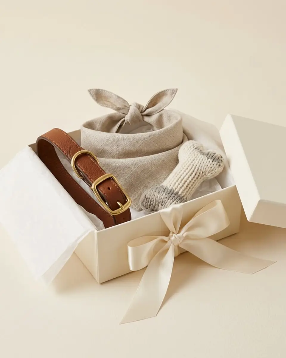 The Signature Gift Set in a cream box with collar, bandana and knit toy