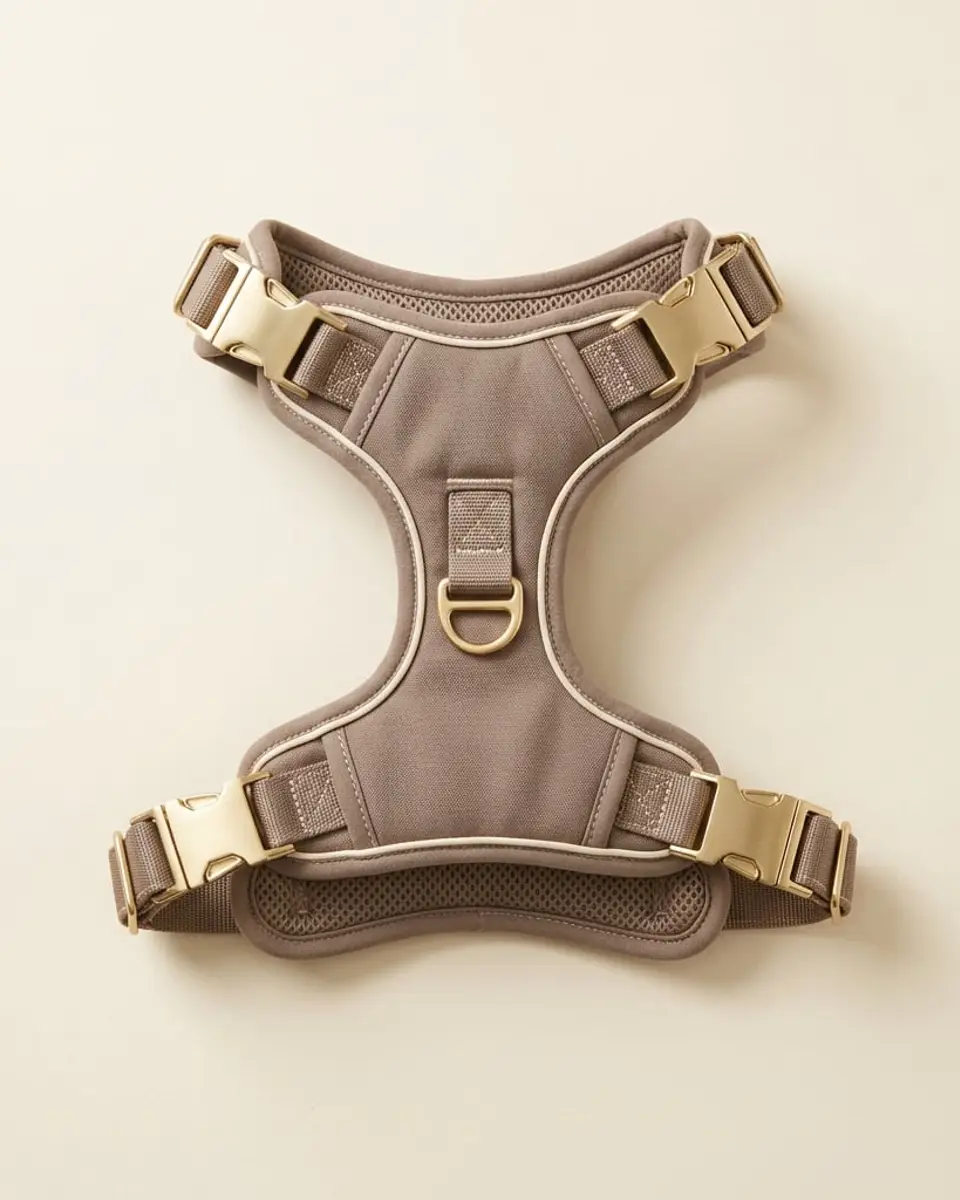The Everyday Padded Harness in taupe with gold buckles