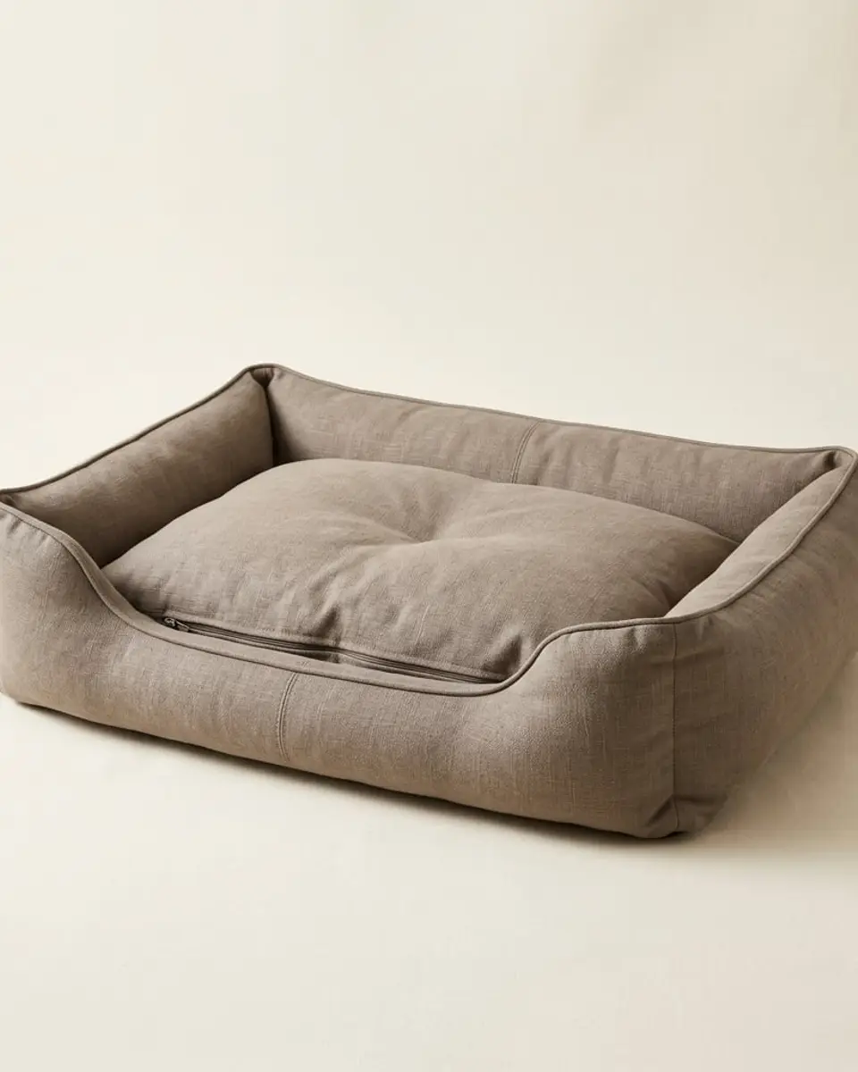 The Haven Linen Bolster Bed in taupe linen