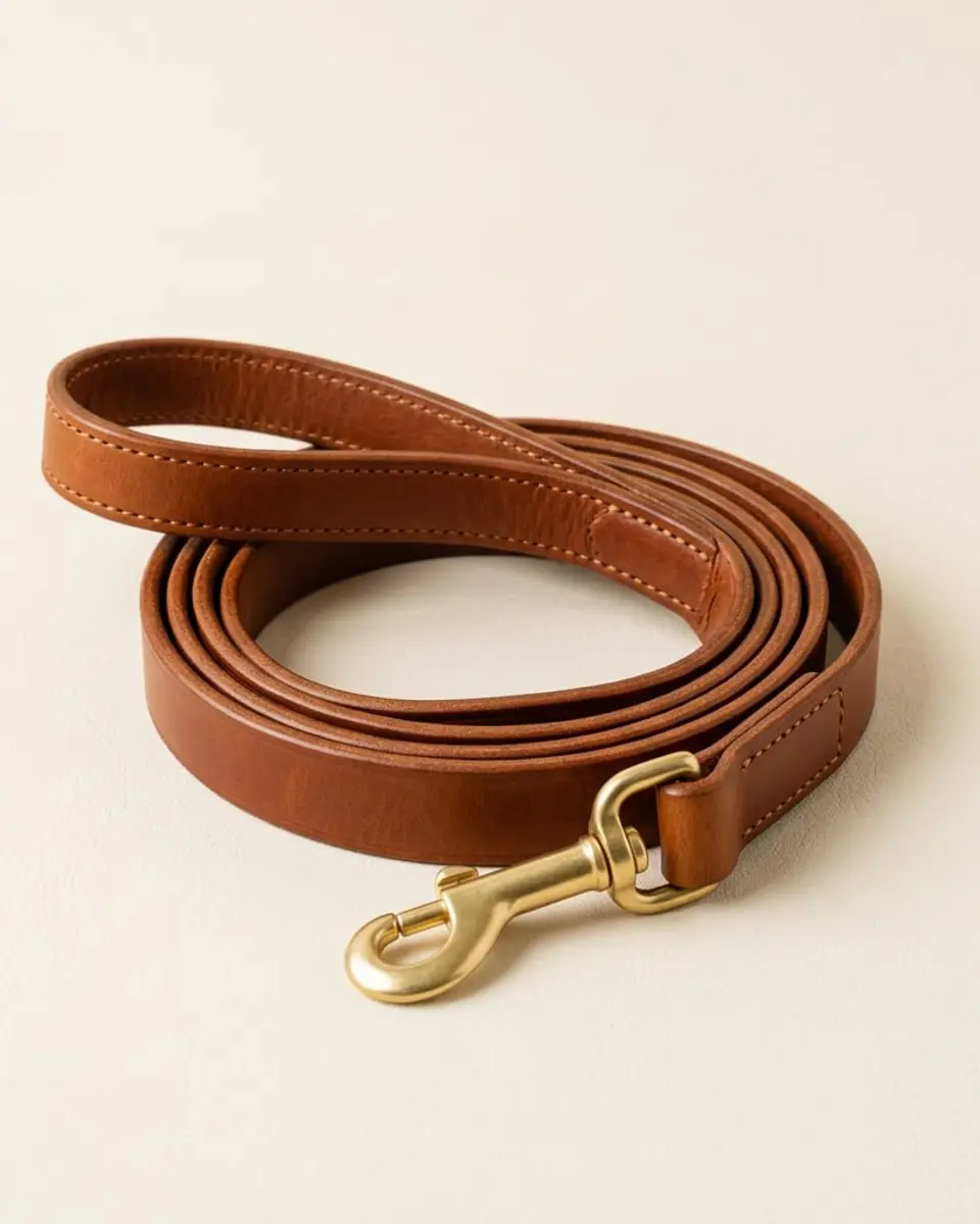 The Cognac Leather Leash coiled with gold clip