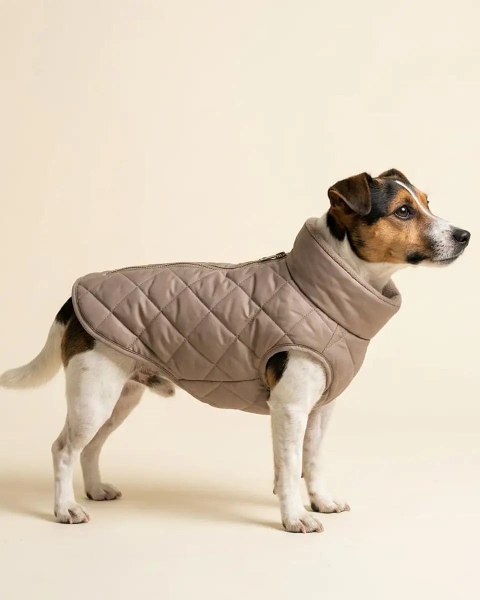 Jack Russell terrier wearing The Alpine Quilted Puffer in taupe