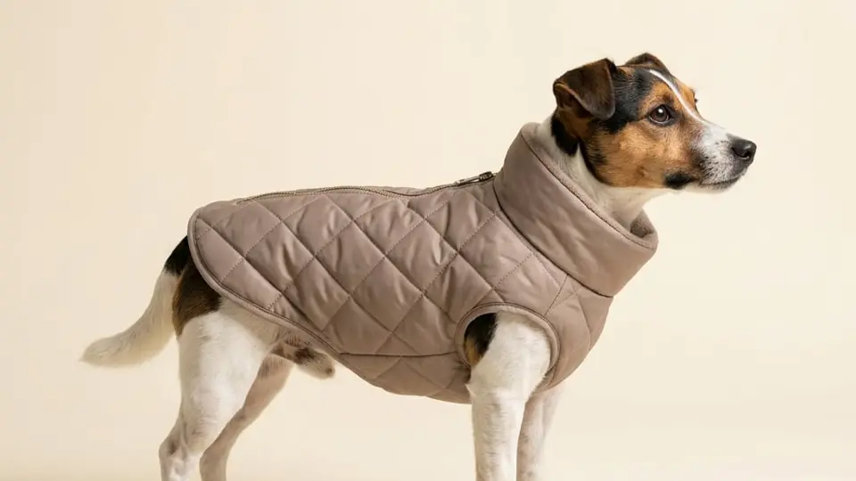 A small dog wearing a quilted puffer coat on a winter walk outdoors