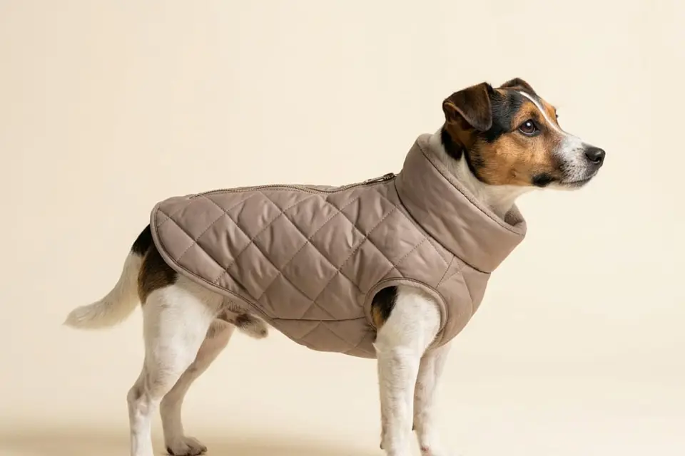 A small dog wearing a quilted puffer coat on a winter walk outdoors