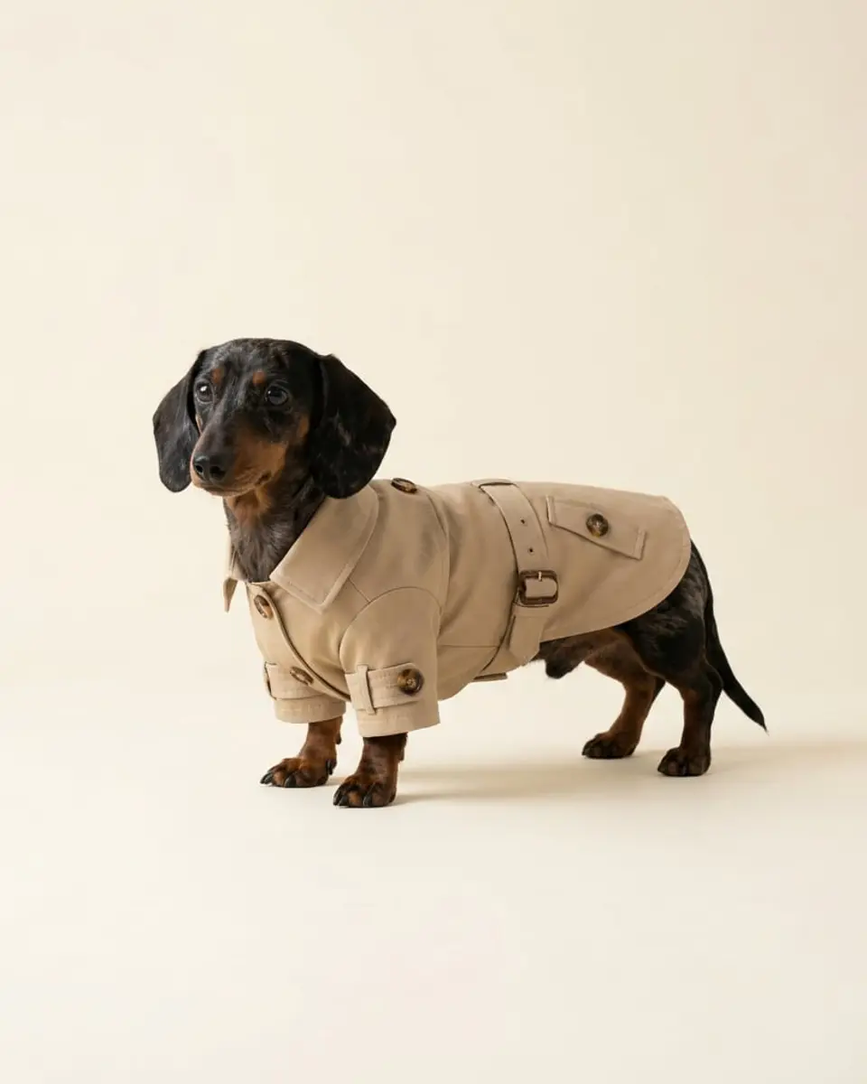 Miniature dachshund wearing The Classic Trench in beige
